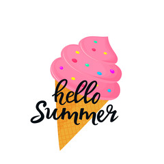 Hello summer hand drawn lettering with ice cream in a waffle cone. Can be used as t-shirt design.