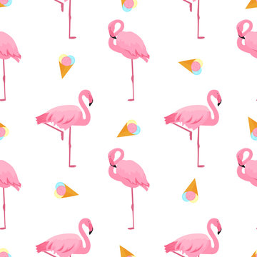 Flamingo and ice-cream. Summer tropical seamless pattern. Used for design surfaces, fabrics, textiles, packaging paper, wallpaper