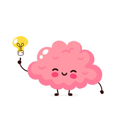 Happy cute brain with lightbulb character
