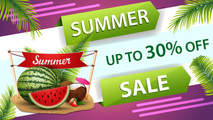 Summer sale, horizontal discount web banner for your website with creative design, watermelon, coconut cocktail in coconut, sign with the inscription "summer"