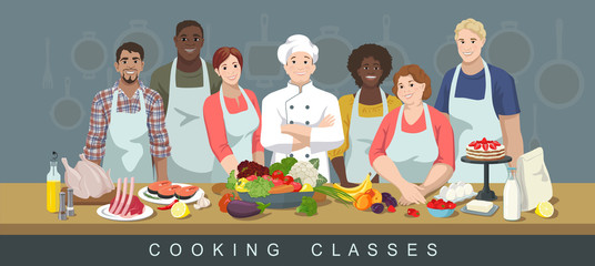 Cooking classes concept. Chef and African American, European and Indian adult men and women students. Lots of variety of products in the foreground. Cook training courses. Vector illustration.