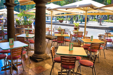 Puebla, Mexico-20 April, 2018: Puebla street restaurants in Zocalo historic city center