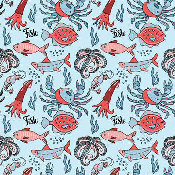 sea food seamless patern with hand drawn doodle illusration in scandinavian style. Print isolated in vlue background. Many marine inhabitants - fishes, octopus, crab, squid