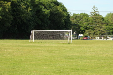 SOCCER GOAL IN A GRASS FIELD ON A SUNNY DAY 