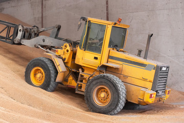 Wheel loader working at grain wheat warehouse. Agriculture industry .