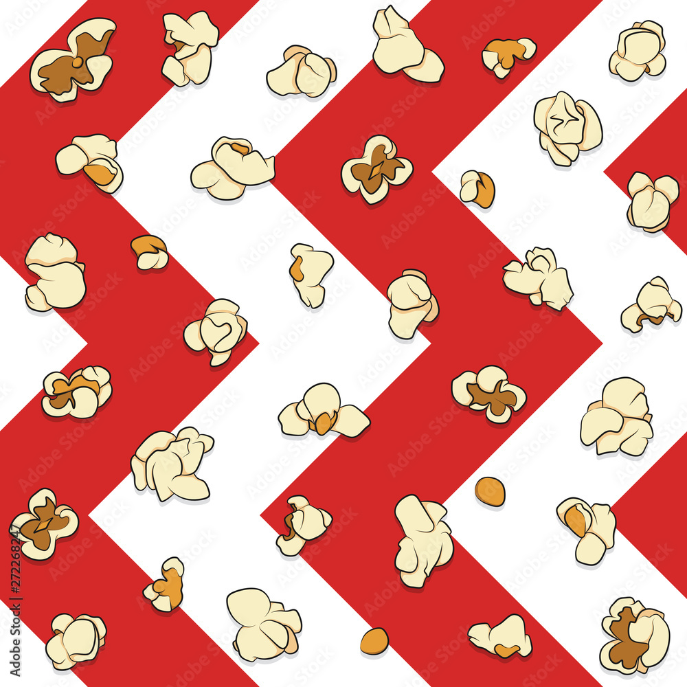 Poster seamless pattern with popcorn on a white and red background. color vector background.