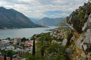 Fototapeta na wymiar Panorama in Kotor bay in sunny september day. Kotor, Montenegro