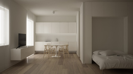 Minimalist white small kitchen design in one bedroom apartment with parquet floor and window with dining table, interior design, modern contemporary architecture concept idea