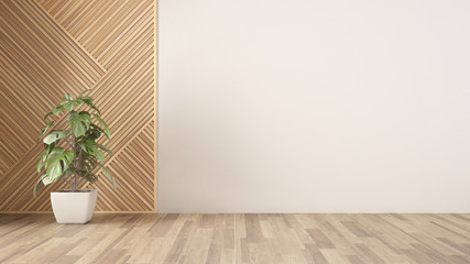 Empty room with wooden panel and potted plant, parquet floor. White wall background with copy space. Interior design concept idea, modern architecture template