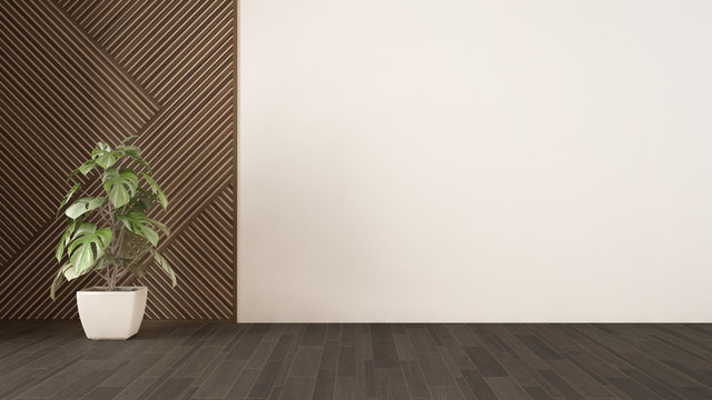 Empty room with wooden panel and potted plant, parquet floor. White wall background with copy space. Interior design concept idea, modern architecture template