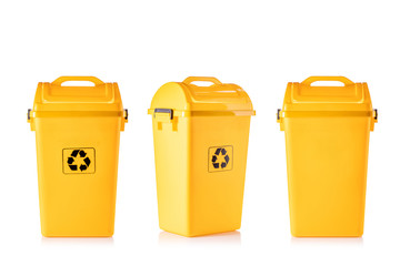 New yellow plastic trash with black recycle logo