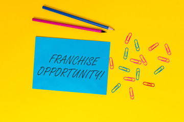 Writing note showing Franchise Opportunity. Business concept for Business License Privilege Owner...