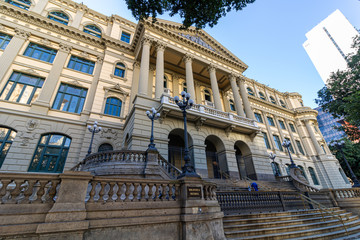 Fototapeta premium Rio de Janeiro/Brasil - June 07 2019 - Facade of the National Library building on Rio Branco Avenue, downtown Rio de Janeiro, inaugurated in October 29 1910