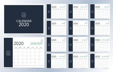 Business calendar 2020.Dark blue monthly calendar can be used for printable graphic and website