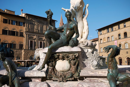 Florence, Italy - April 15, 2019: View of The Fountain of Neptune in Piazza della Signoria
