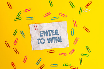 Text sign showing Enter To Win. Business photo showcasing exchanging something value for prize...