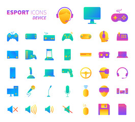 Brilliant colorful gradient icon set of video game and esport device concept.