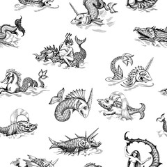 Mythological vintage sea monster. Monochrome Hand drawn sketch. Vector seamless pattern for boy. Detail of the old geographical maps of sea.