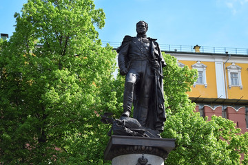 Moscow, Russia - May 13, 2019: Monument to Alexander I in the Alexander Garden on a sunny day