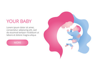 Template for a banner or website with a symbol of mom and baby. Mom's gentle hugs. Pink-blue scale of the image.
