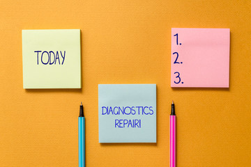 Conceptual hand writing showing Diagnostics Repair. Concept meaning A program or routine that helps a user to identify errors Front view colored sticky note ballpoints yolk background