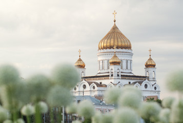 white stone Cathedral of Christ the Saviour with golden domes