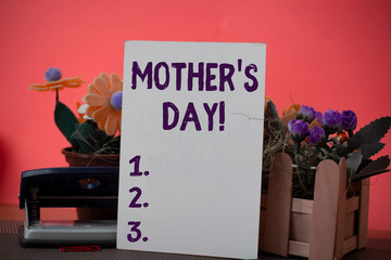 Text sign showing Mother S Day. Business photo showcasing day of year where mothers are particularly honoured by children Flowers and writing equipments plus plain sheet above textured backdrop