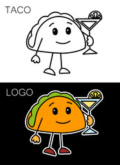 cartoon taco in a bar holds a margaritta cocktail in hand