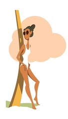 tanned girl in a white bathing suit stands leaning against a palm tree