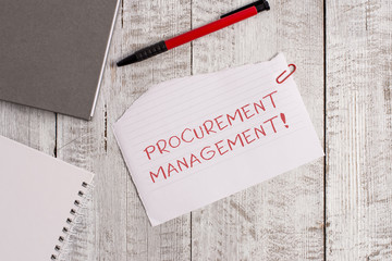 Handwriting text Procurement Management. Conceptual photo buying Goods and Services from External Sources Torn paper and notebook sheet with a pen placed on top of wooden table