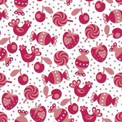 Pink baby girl candy caramel and cherry seamless pattern