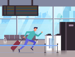 Fototapeta na wymiar Man passenger character running and late at airplane. Vector flat graphic design cartoon illustration