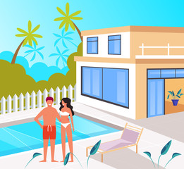 Obraz na płótnie Canvas People tourist couple characters sunbathing near swim pool. Summer time tourism concept. Vector flat graphic design cartoon illustration