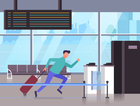 Man passenger character running and late at airplane. Vector flat graphic design cartoon illustration