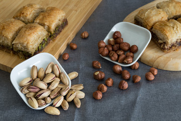 Turkish style vegan baklava or Antep baklava with nut,date fruit, pistachio for presentation and service and food photography. 
