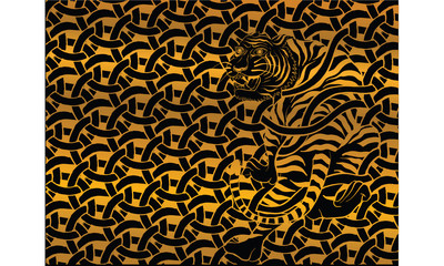 Tiger on pattern backdrop , Thai traditional pattern vector