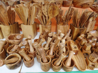 Fototapeta na wymiar Boj Wood Kitchen Objects in the market 