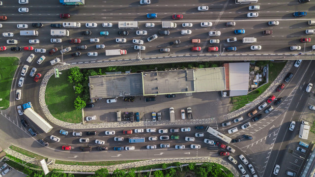 Drones Eye View - urban traffic jam top view, transportation concept
