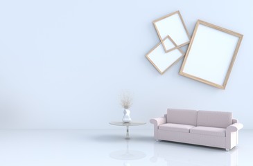 Warm white room decor with tile floor, carpet, branch,sofa. The sun shines through the window into the shadows. 3D render.