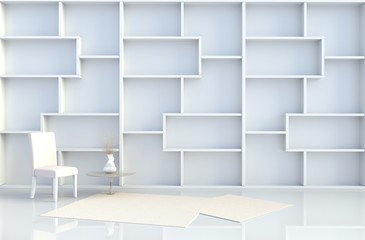 Warm white room decor with shelves wall, tile floor, carpet, branch,chair. The sun shines through the window into the shadows. 3D render.