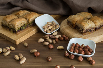 Turkish style vegan baklava or Antep baklava with nut,date fruit, pistachio for presentation and service and food photography. 