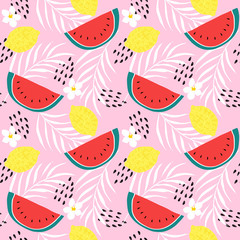 Fototapeta premium Fresh lemons and watermelon seamless pattern vector.