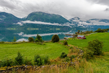 Fototapeta na wymiar Landscape of Lustrafjorden in Hoyheimsvik area in Norway.