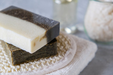 Spa treatments with natural soap and towels. Healthy skin care.