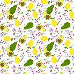 Avocado and lemon seamless pattern.