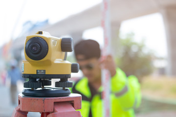 Engineers survey the level of construction work,Theodolite in construction