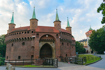 Krakow Barbican (Barbakan) with Florian Gate (Brama Floriańska) at the background