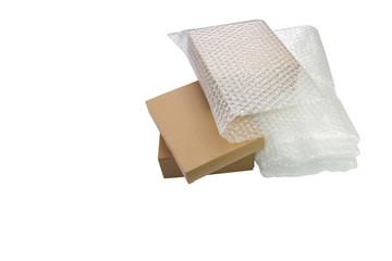 Bubbles covering the box by bubble wrap for protection product cracked  or insurance During transit -isolated white background copy space.