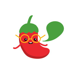 Cute and smart red chili pepper character in glasses with speech bubble, talking, giving advice or information. 