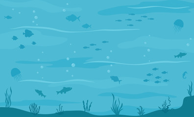 Sea underwater background. Marine sea bottom with underwater plants, corals and fishs. Panoramic seascape. Vector illustration.